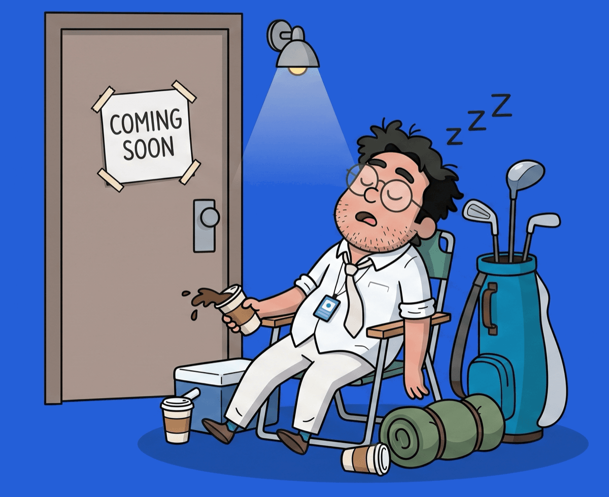A cartoon golfer asleep in a camping chair outside the BayEight Golf door, under a wall lamp, a COMING SOON sign taped to the door and his golf bag, cooler and bedroll beside him.